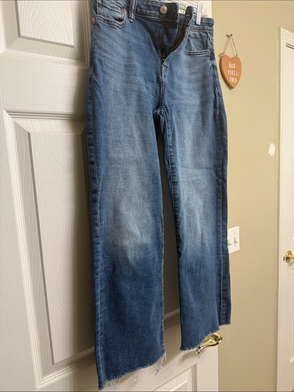 Blue Straight-Leg Raw Hem Jeans